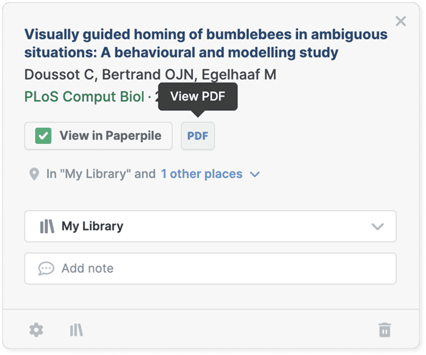 The extension popup for a saved reference with a green ticked “View in Paperpile” button beside a PDF button carrying a “View PDF” tooltip, and a note that the reference is in My Library and one other place.